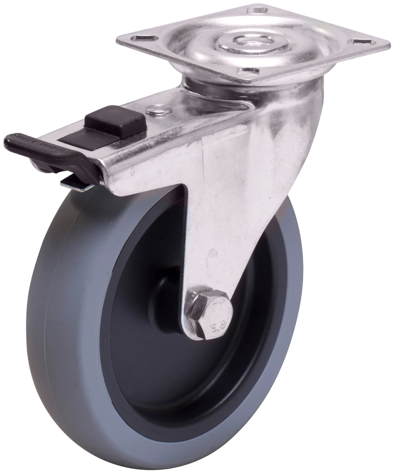 Länkhjul typ A2PS TPE rostfri plåtbygel grå gummibana Swede-Wheel