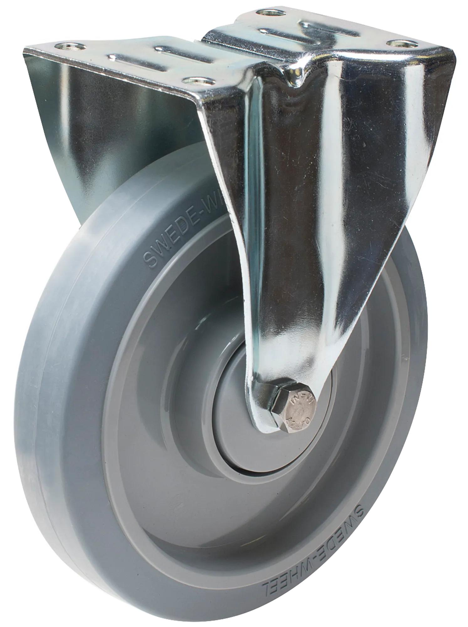 Länkhjul typ 4P Elastic GRU/PA6 plåtbygel elastisk grå gummibana Swede-Wheel