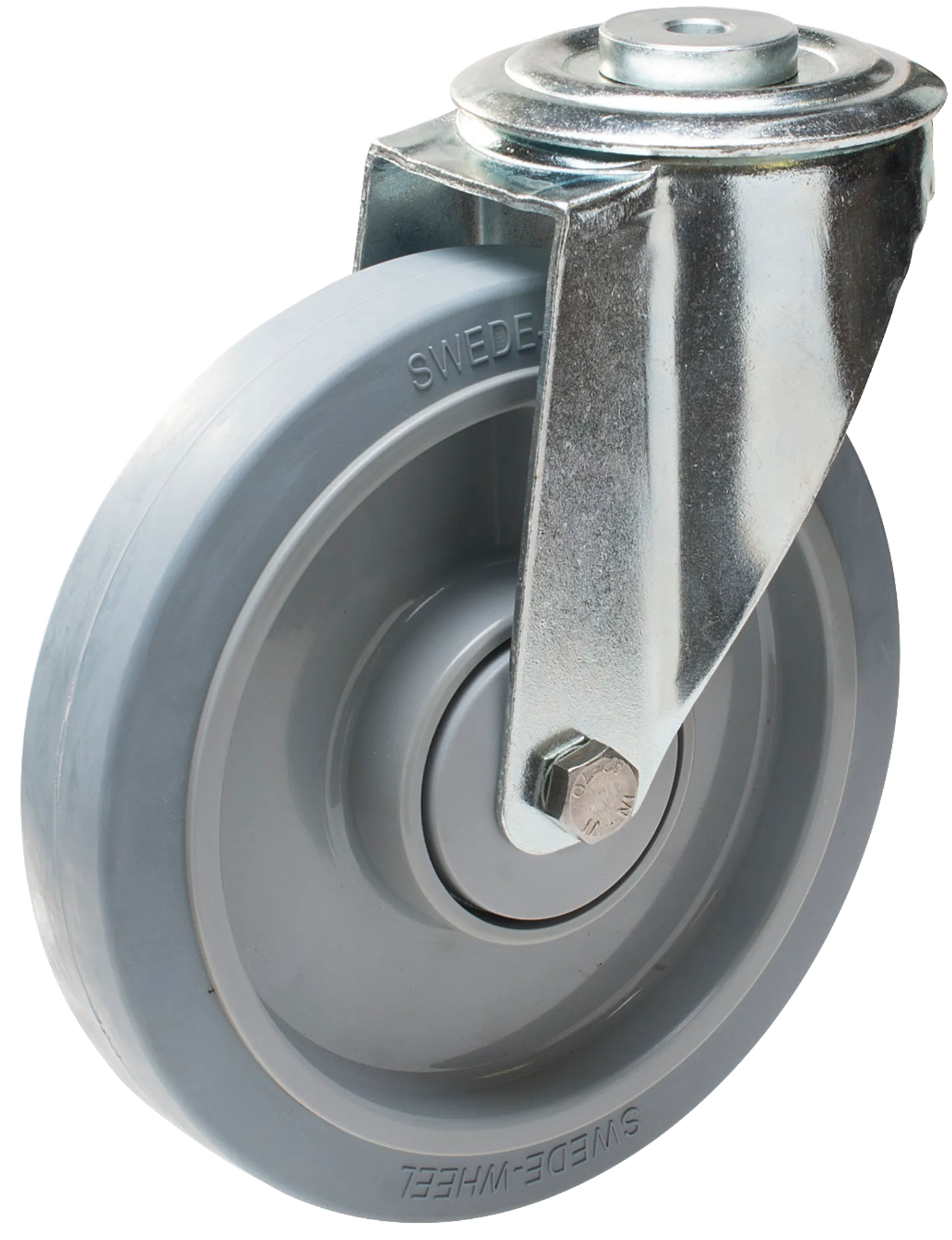 Länkhjul typ 4O Elastic GRU/PA6 plåtbygel elastisk grå gummibana Swede-Wheel