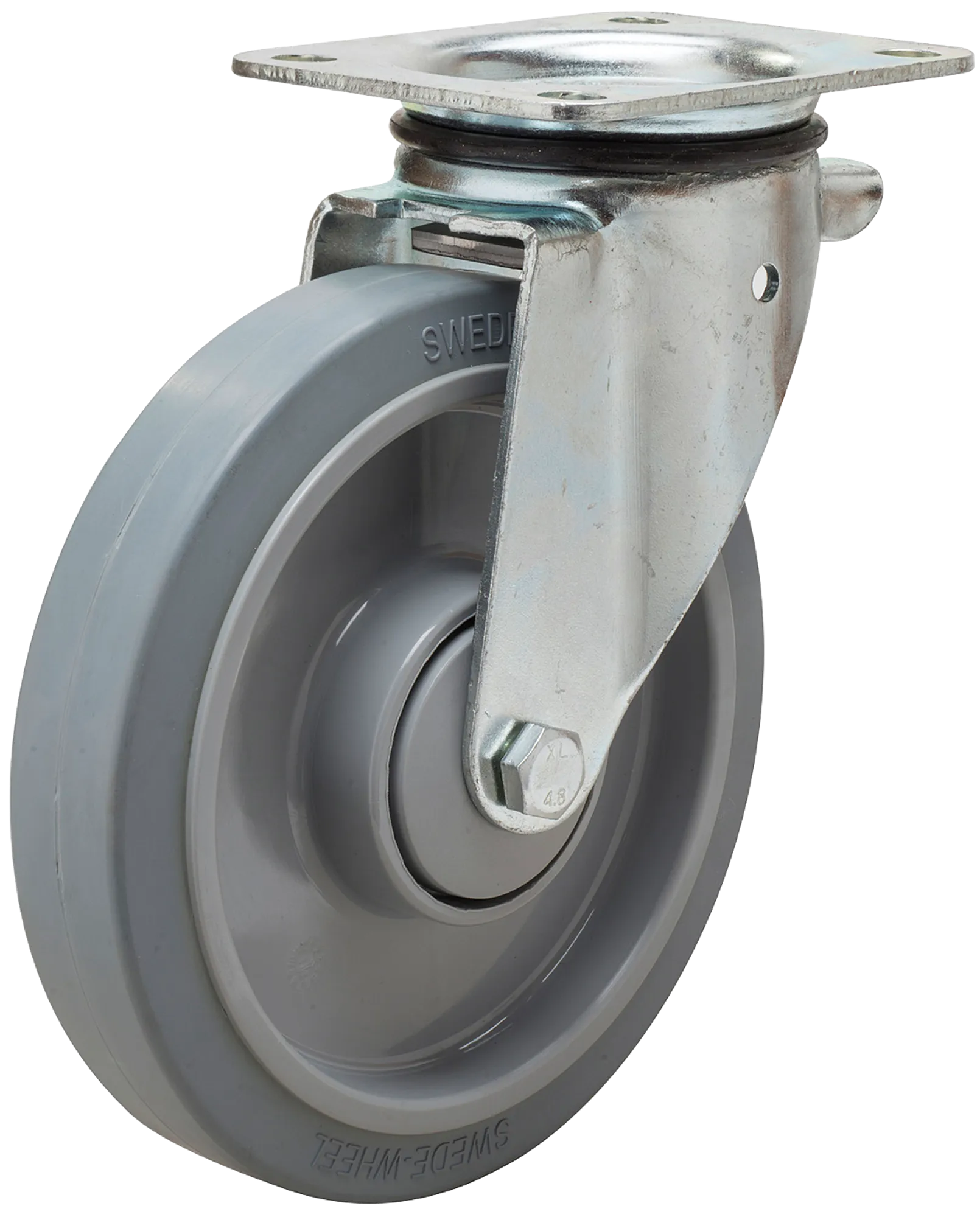 Länkhjul typ 5P Elastic GRU/PA6 plåtbygel elastisk grå gummibana Swede-Wheel