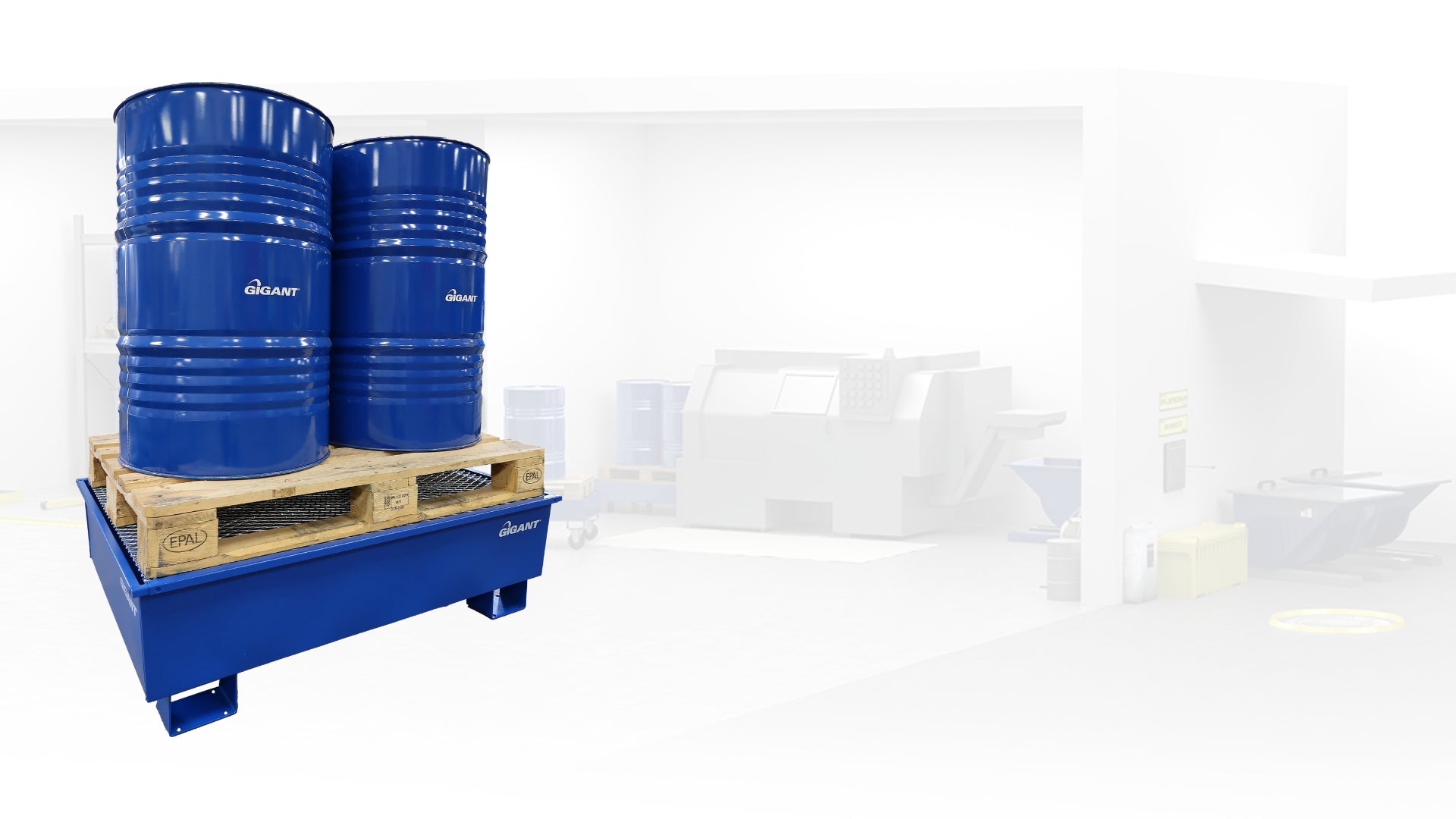 Fatpall för säker invallning av fat och dunkar med kemikalier eller olja i industriell miljö.