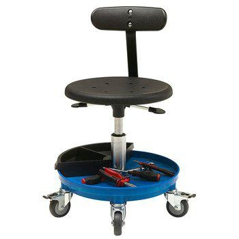 Åkstol från Gigant – mobil arbetsstol med låg sitthöjd, ryggstöd och integrerad verktygsbricka för flexibelt underhålls- och monteringsarbete