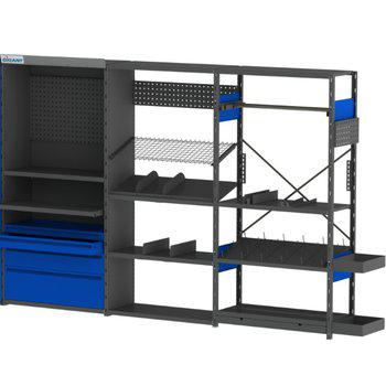 Gigant Floorstock förvaringssystem i stål med hyllplan, lådor, avdelare och perforerade paneler, perfekt för organiserad och effektiv förvaring i verkstad och industri.