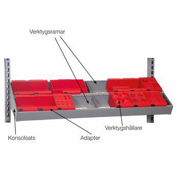 Flexibelt modulsystem med verktygshållare, verktygsramar och lådor i olika storlekar – utformat för att effektivisera organisering och tillgång till verktyg.