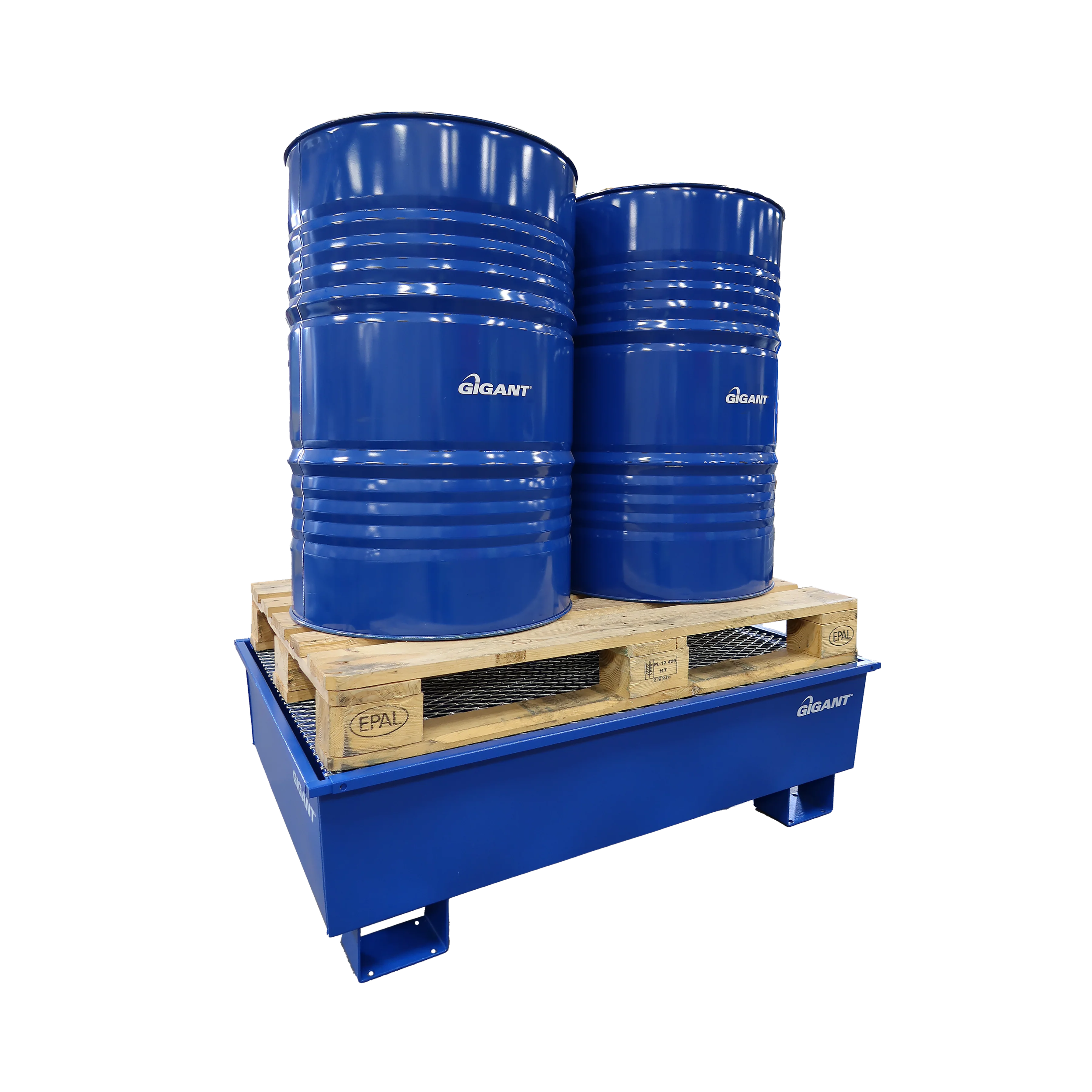 Fatpall med galler för spillhantering och säker förvaring.