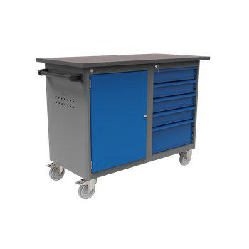 Gray and blue work trolley from Gigant with sturdy wheels, five drawers and a cabinet for flexible storage. Perfect for industrial environments where mobility and organization are important.