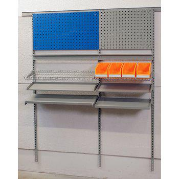 Modular wall system assembled with Tool panels, shelf and plastic trays for efficient wall storage in industrial and workshop environments.