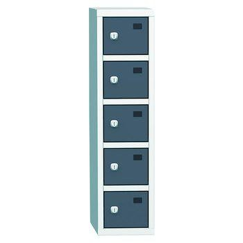 Gigant Personal Effects lockers in steel with five lockable blue doors for safe storage of valuables in workplaces, schools and public environments.