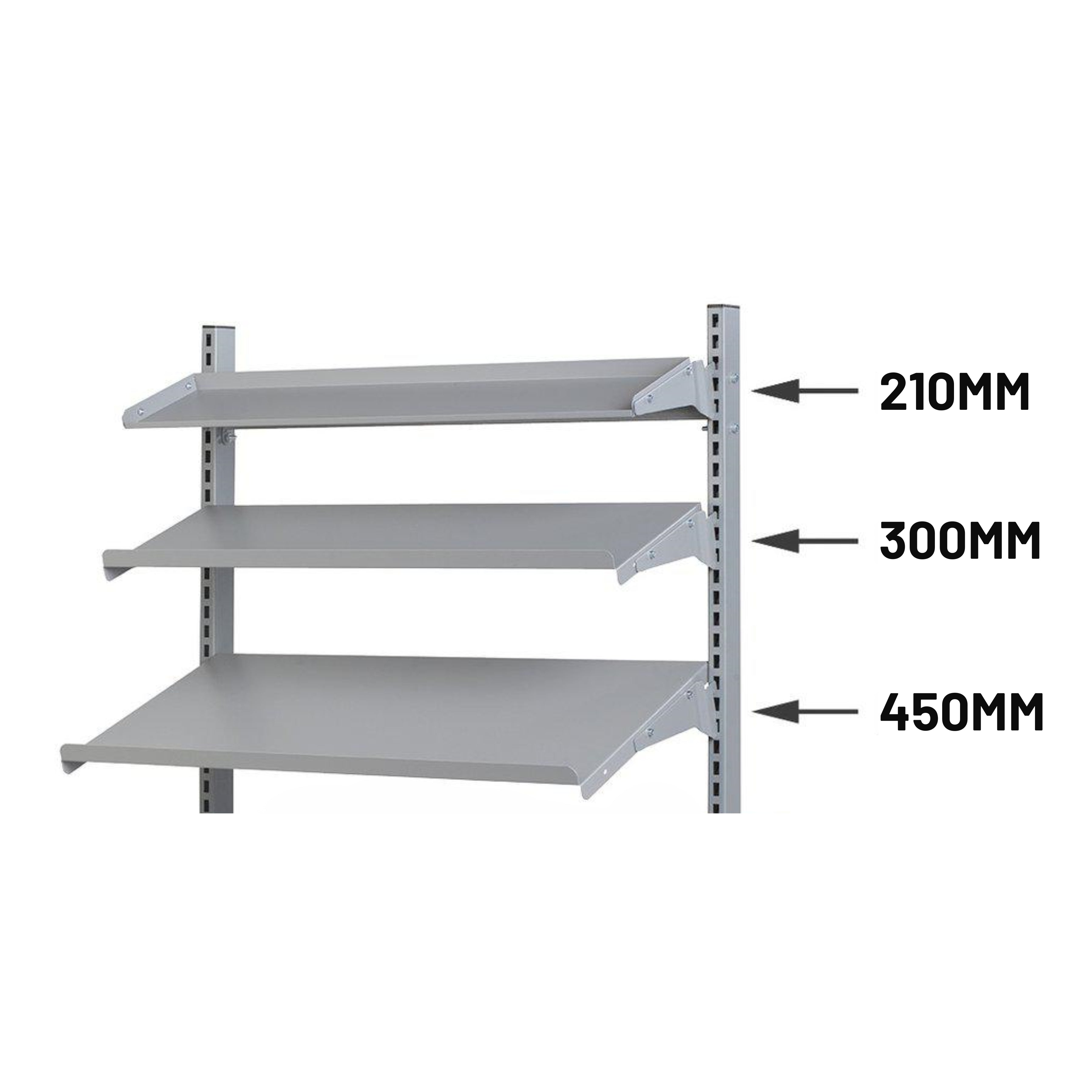 Gigant shelf in different depths - 210, 300, 450 and 610 mm - for customizable storage at workstations