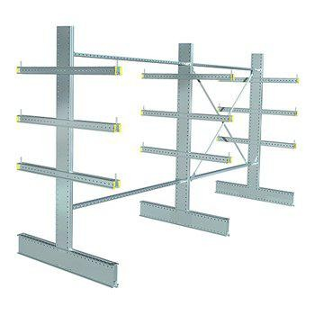 Gigant cantilever rack in galvanized steel with multiple arms and reinforced construction, ideal for safe and space-saving storage of pipes, profiles and timber in industry and warehouses.