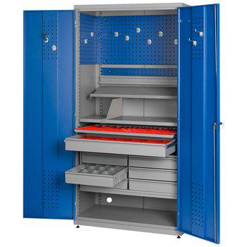 Gigant Storage cabinets in steel with blue double doors, drawers, shelf and perforated tool board for organized and safe storage in industrial work environments.