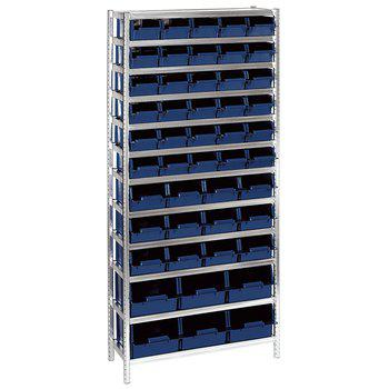 Gigant Shelving system Raaco in sturdy metal with several shelf and blue plastic trays, perfect for organized and easily accessible Small storage in workshops, warehouses and industry.