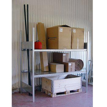 Gigant Universal rack in galvanized steel with two shelf, loaded with cartons, tubes and packaging, ideal for flexible and robust storage in warehouses and industry.
