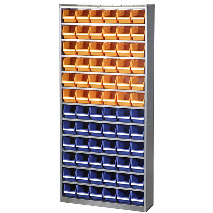 Gigant Small parts storage cabinet in steel with orange and blue plastic trays, perfect for organized and easily accessible Small storage in workshops, warehouses and industry.