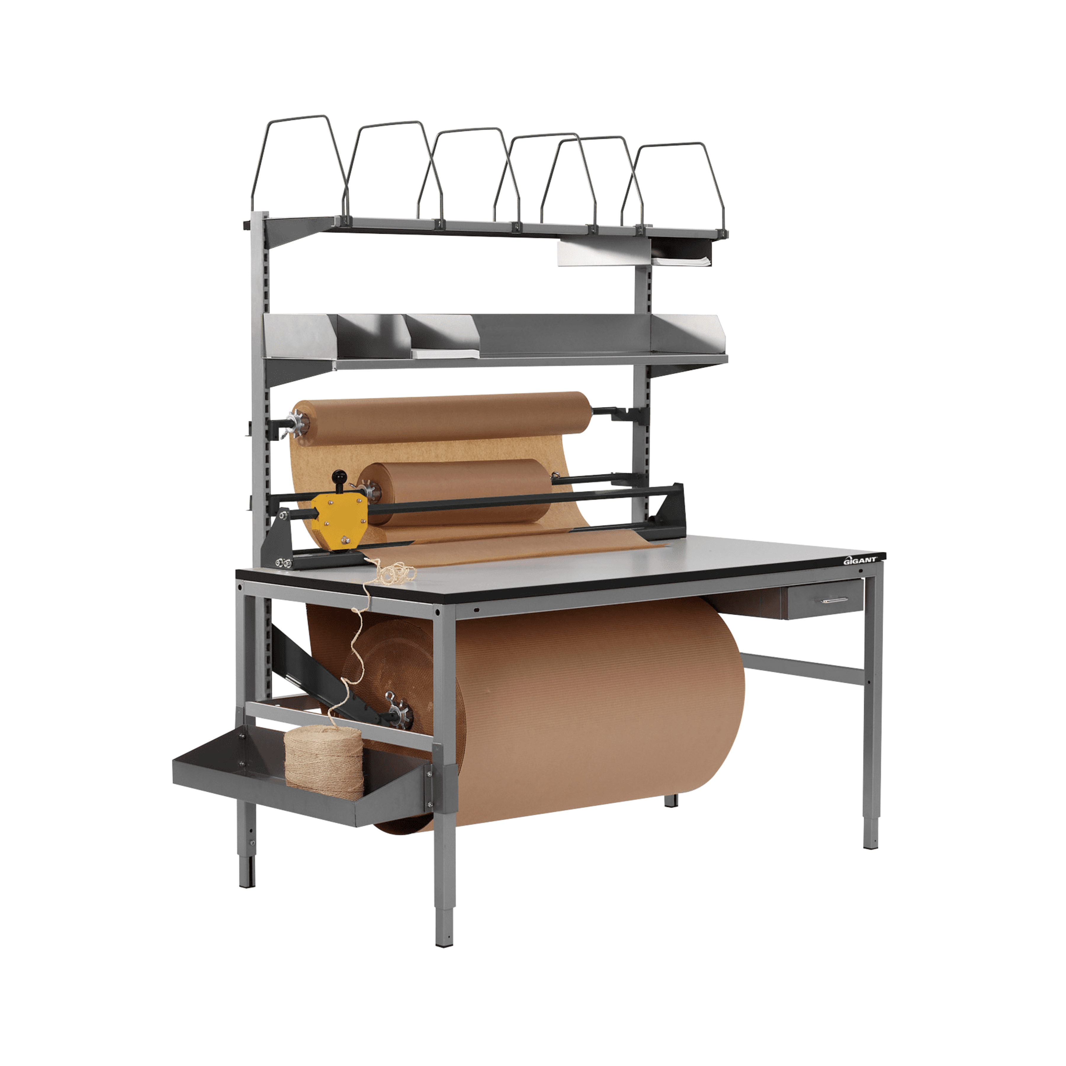 Packing bench from Gigant - robust workstation with shelves, paper rolls and integrated storage for efficient packaging in industrial environments