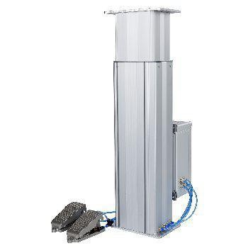 Pneumatic lifting column for workstations - foot pedal controlled height adjustment with compressed air for ergonomics and efficiency in industrial environments