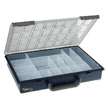 Giant small parts box with transparent lid, Carrying handle and adjustable compartments for safe and convenient storage of small parts in the workshop and industry.