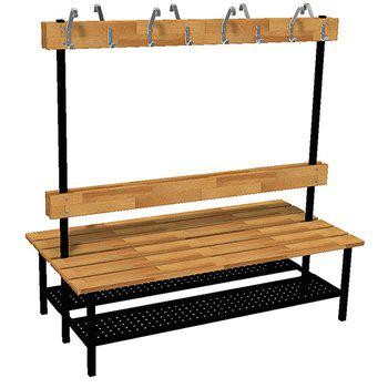 Double wooden and metal changing bench with seat, backrest and hook rail - Gigant dressing room fittings.