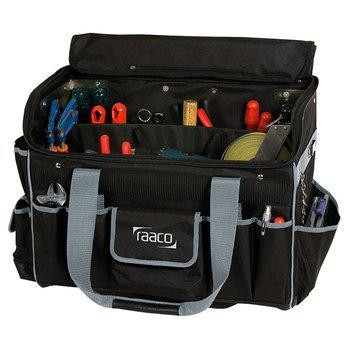 Giant tool bag in durable material with multiple compartments and handles, ideal for organized and portable storage of tools in workshop and field work.
