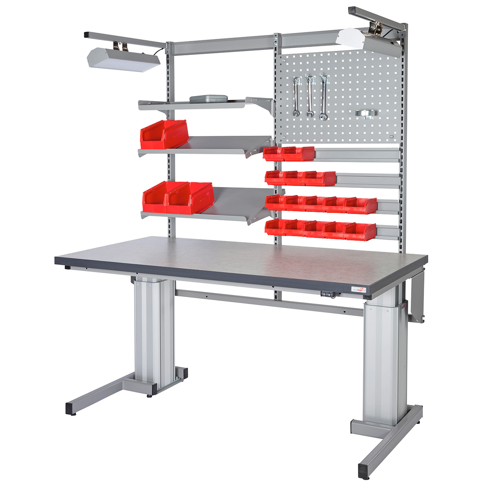 Flex work table accessories - shelves, tool board and storage bins for flexible and organized industrial workstation