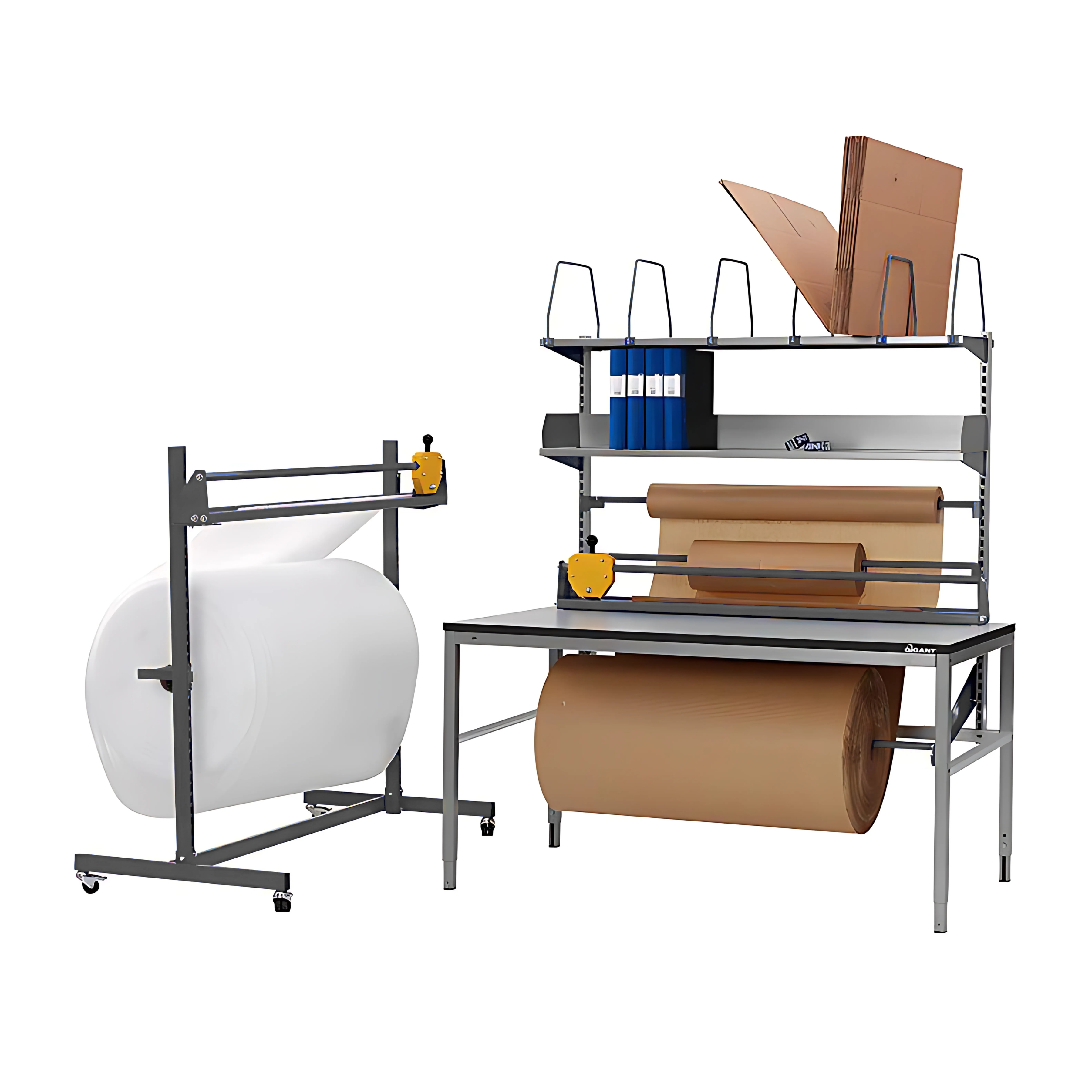 Complete packing station with shelves, roll holders and work table for efficient handling in warehouses and logistics