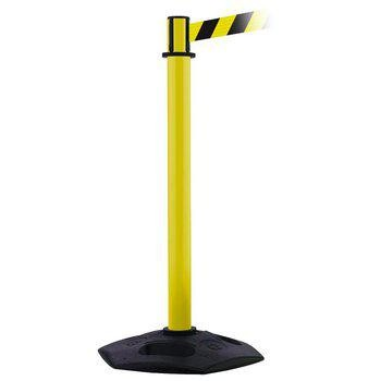 Gigant barrier post in yellow with black and yellow band, sturdy base and retractable band mechanism for safe demarcation in industrial and public environments.