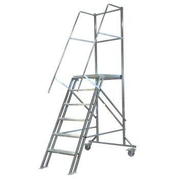 Gigant mobile elevating work platform in galvanized metal with ladder, handrails and wheels for safe access when working at height in industry and warehouses.