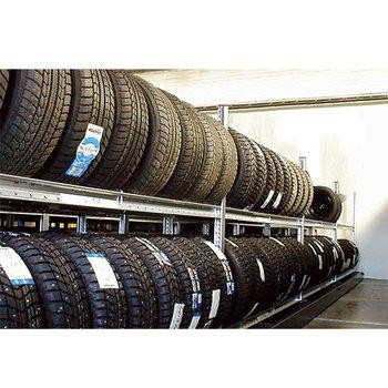 Giant multi-level steel tyre rack, ideal for organized and space-saving tyre storage in workshops, warehouses and car showrooms.