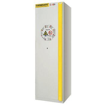 Gigant fire-rated Chemical cabinet in steel with yellow handle, warning label and safety lock for safe storage of hazardous substances in industry and laboratories.