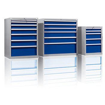 Gigant Premium tool cabinets in sturdy steel with blue drawers, available in several sizes, perfect for safe and efficient storage of tools and equipment in professional work environments.