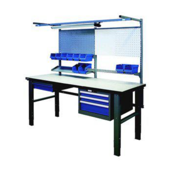 Stable fixed work table with tool board, storage and lighting - suitable for industrial production and assembly