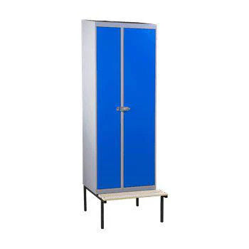 Giant steel pair cabinet with two blue doors and ventilated compartments, ideal for efficient and safe storage in changing rooms at workplaces and sports facilities.