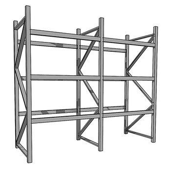 Gigant pallereoler i stål med tre nivåer og forsterkede stag, ideelt for sikker og plassbesparende pallelagring i lager- og logistikkmiljøer.