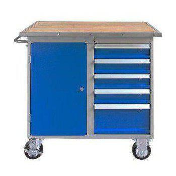 verkstedvogn med solid trehylle, fire uttrekkbare bokser, låsbart skap og svingbare hjul - ideell for tung industriell bruk