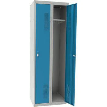 garderobe i stål med to blå ventilerte dører, hyller og hengestang, leveres umontert for fleksibel montering i garderober på arbeidsplassen.